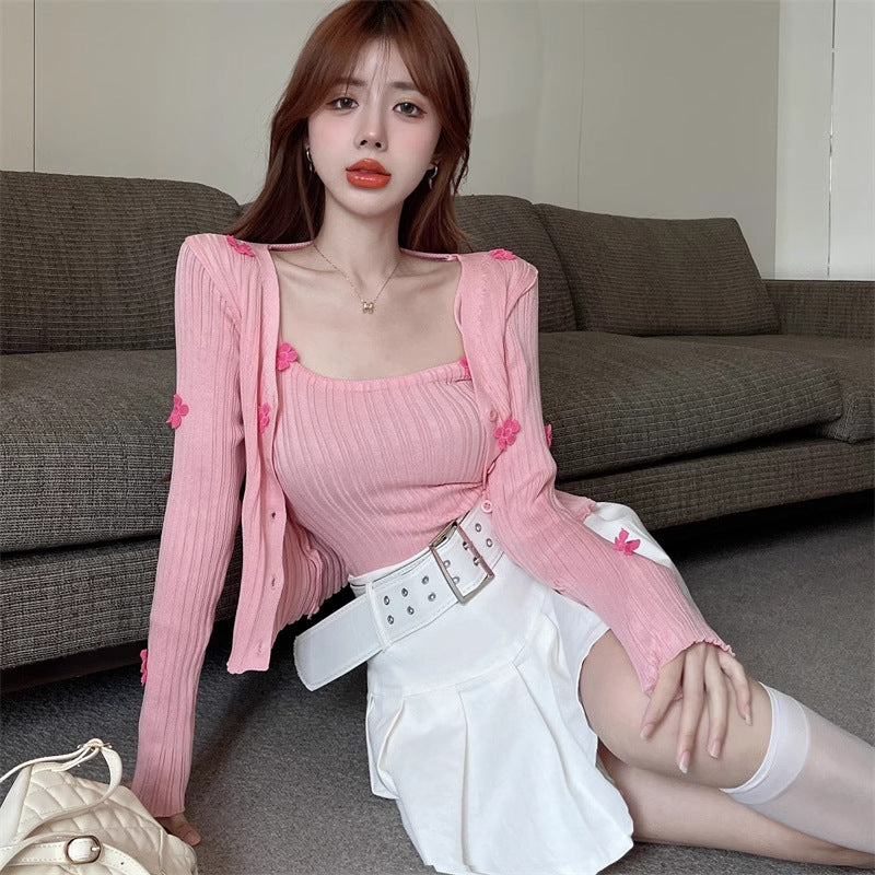 Hot Girl Suit Camisole 2025 Summer New Mesh Small Fragrance Cardigan Short Top Two-Piece Knitted Set
