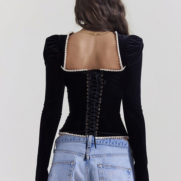 SOURCE Factory Cross-border Foreign Trade Women's Clothing Fashion Square Collar Velvet Top Sexy Backless Strap T-shirt Top Women's Fashion