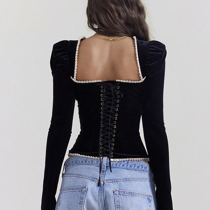 SOURCE Factory Cross-border Foreign Trade Women's Clothing Fashion Square Collar Velvet Top Sexy Backless Strap T-shirt Top Women's Fashion