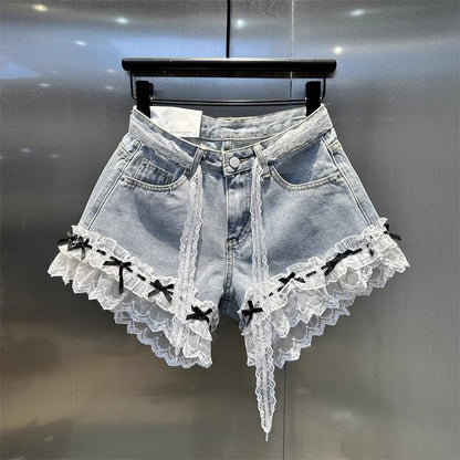 Spring And Summer 2025 New Lace Stitching Bow Decoration Denim Shorts Women's Slim-fit Slimming A- Shaped Wide-leg Hot Pants