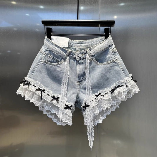 Spring And Summer 2025 New Lace Stitching Bow Decoration Denim Shorts Women's Slim-fit Slimming A- Shaped Wide-leg Hot Pants