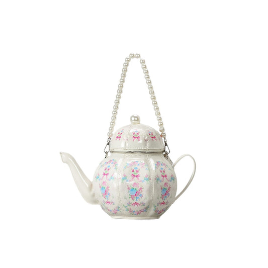 Sweet Girl Vintage Lolita Pearl Chain Printed Teapot Handbag Creative Shoulder Crossbody Bag Distinctive Handbag