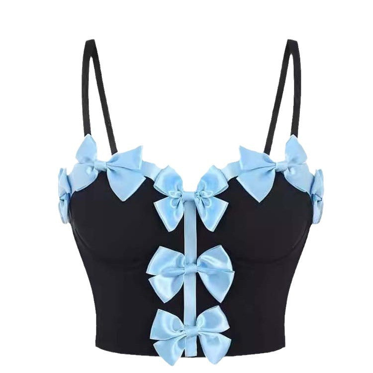 Light Blue Sweet Bow Decorative Cute Fresh Style Bra Inner Design Wearing Fish Bone Tube