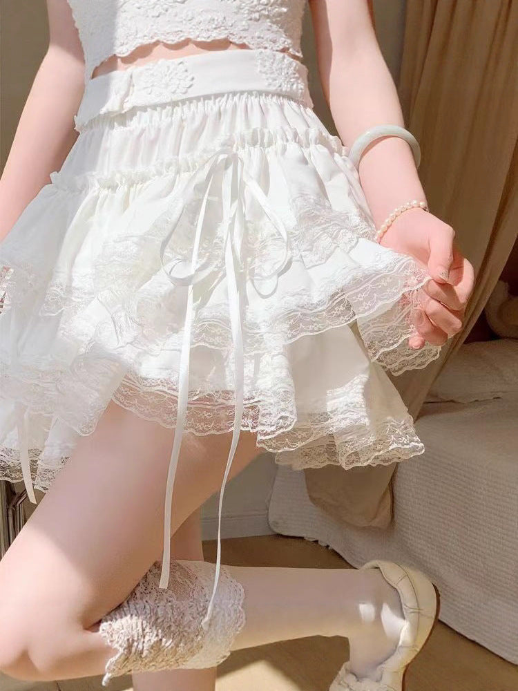 White Ballet Style Skirt For Women Spring And Summer New High-Waist Slim Lace Sweet Petite Fluffy Cake Skirt