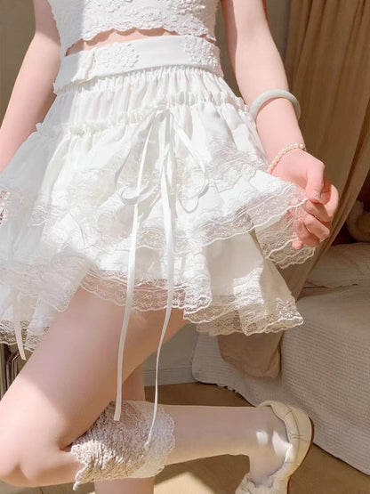 White Ballet Style Skirt For Women Spring And Summer New High-Waist Slim Lace Sweet Petite Fluffy Cake Skirt