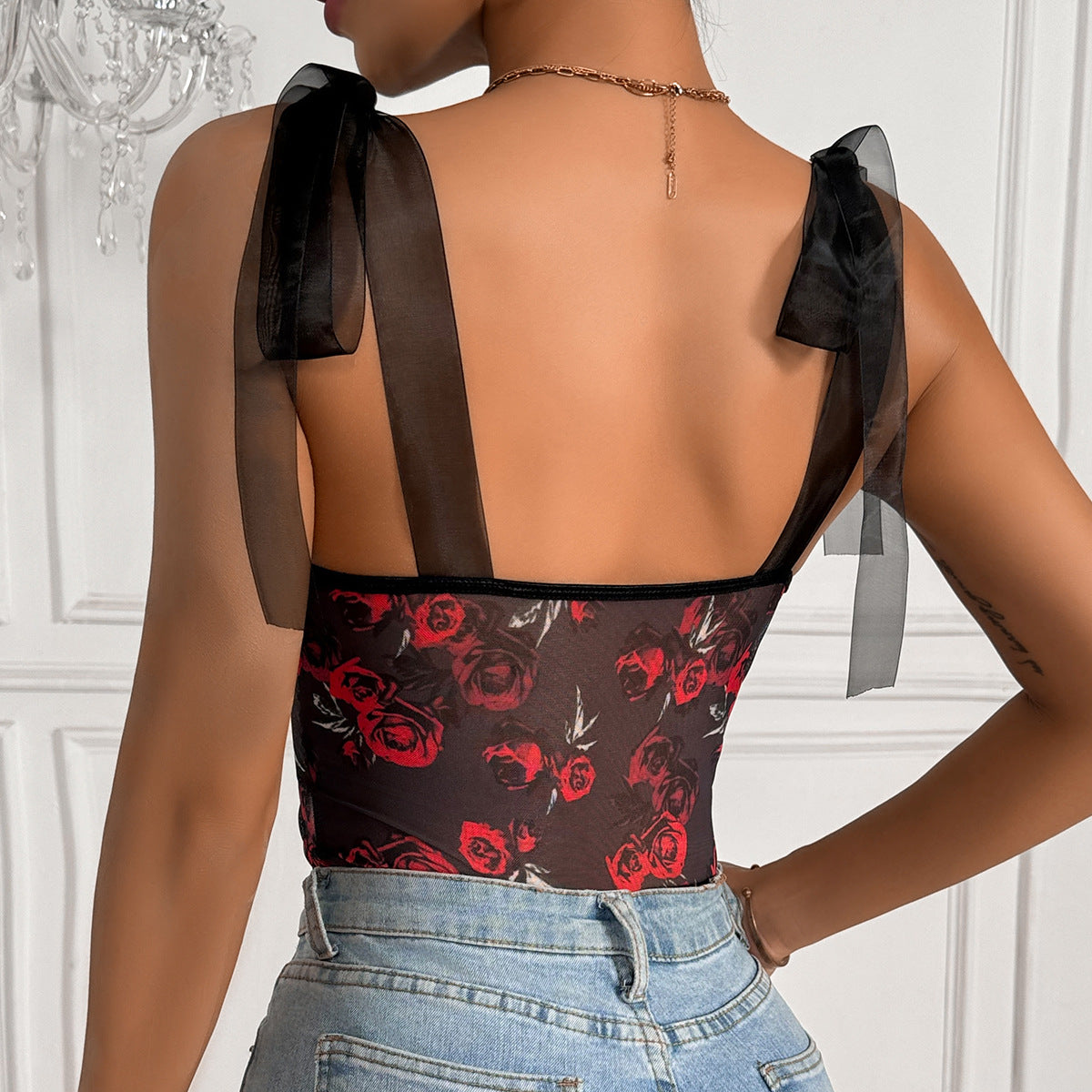 European And American Foreign Trade Fashion Hot Selling Independent Station Mesh Printing Sexy Flower Steel Ring Strap Jumpsuit 60776