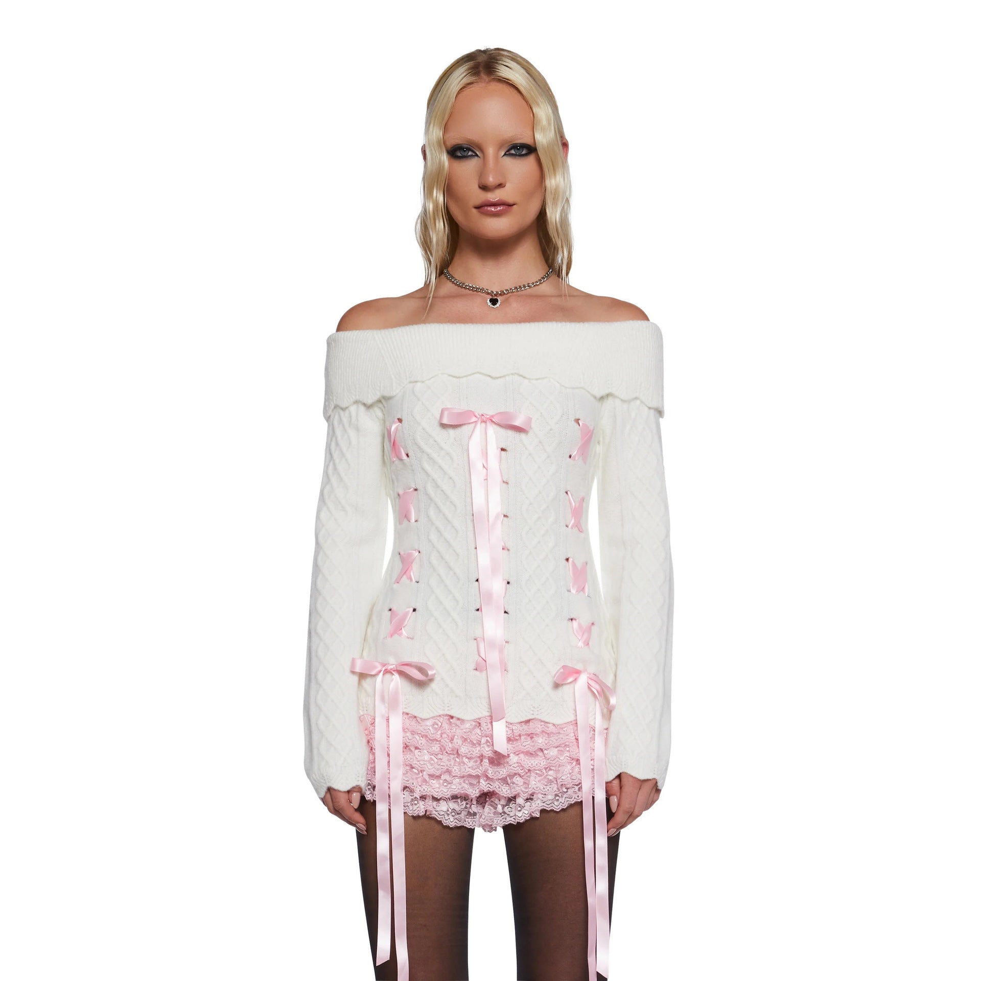 Spice Girl Off-shoulder Top Pure High-end Autumn Long-sleeved Ribbon Shoulder Bow Long-sleeved Knitted Top For Women