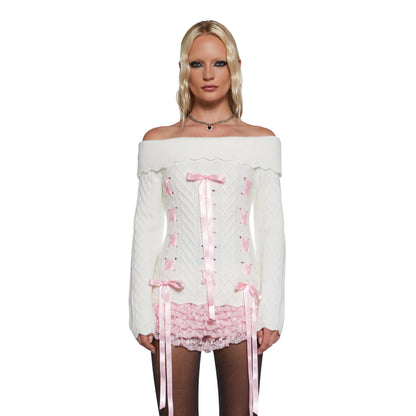 Spice Girl Off-shoulder Top Pure High-end Autumn Long-sleeved Ribbon Shoulder Bow Long-sleeved Knitted Top For Women