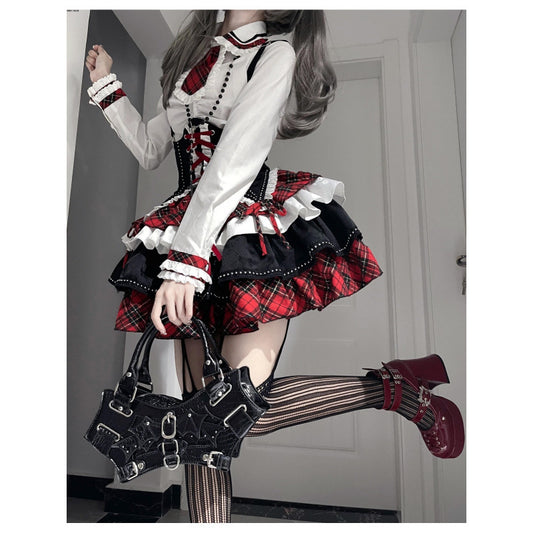 American Style Sweet And Spicy Sub-culture Style Heavy Industry Design Sense Contrast Shirt Belted High Waist Puffy Skirt Three-piece Set