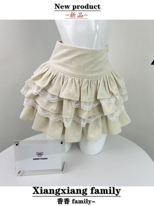 Apricot Cake Skirt High Waist A- Line Skirt Lace Stitching Short Puffed Cake Skirt
