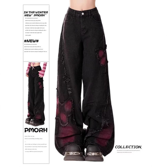 Black Sweet Cool Jeans Women's Spring And Autumn New Washed Old Woolen Wide Leg Pants Butterfly Pattern Design Sense Pants
