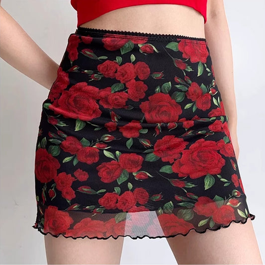 European And American Cross-Border Women's Summer New Red Rose Print Slim A-Line Skirt Pg2885