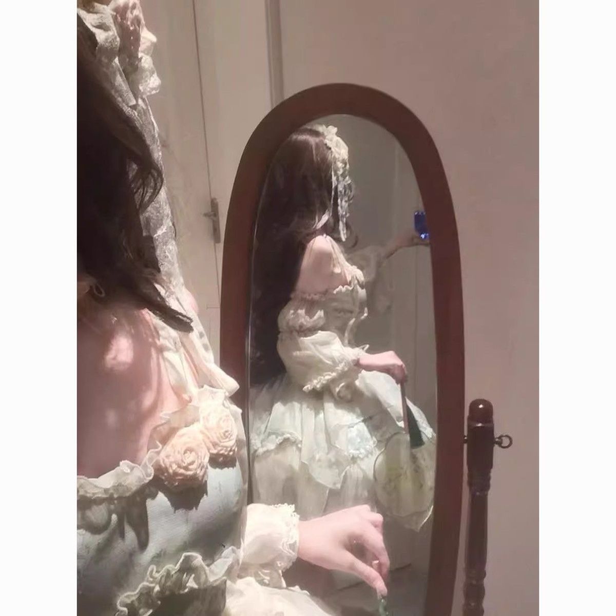Green Bamboo Leaf Print New Chinese Ballet Style Elegant Fairy Lolita Skirt Lolita Princess Skirt Milky White