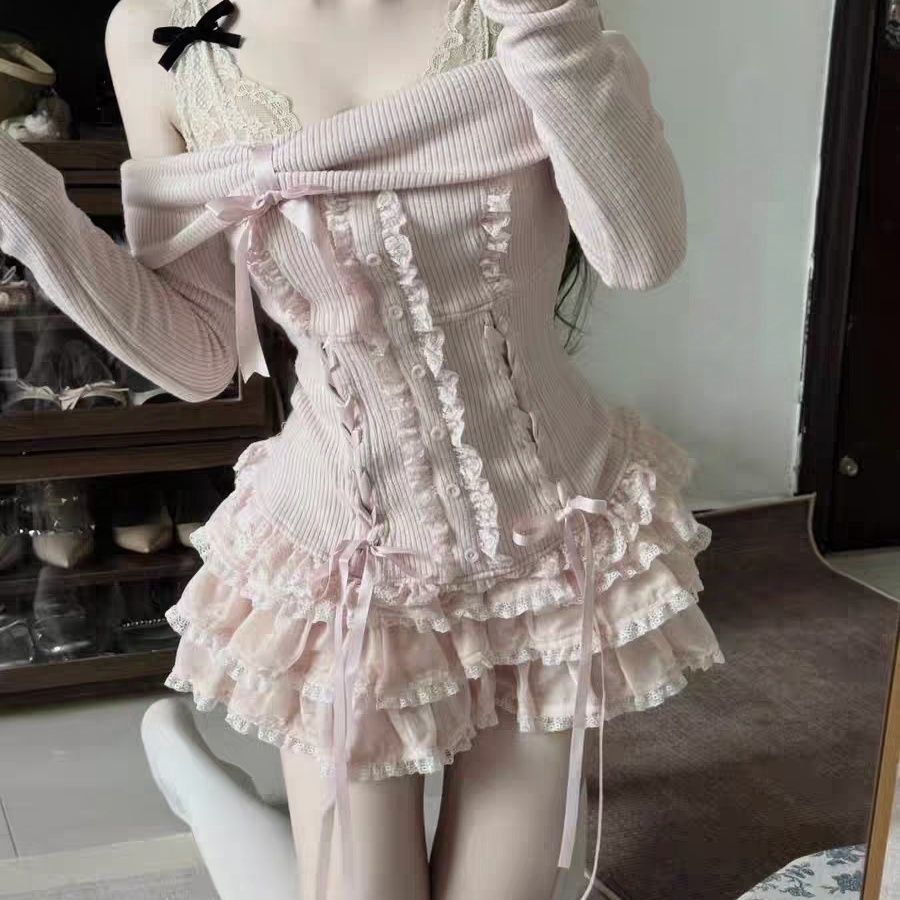 Girls' Generation Girly Sweet And Fragrant Soft Shoulder-Length Long-Sleeved Knitwear Top Cake Skirt Suit