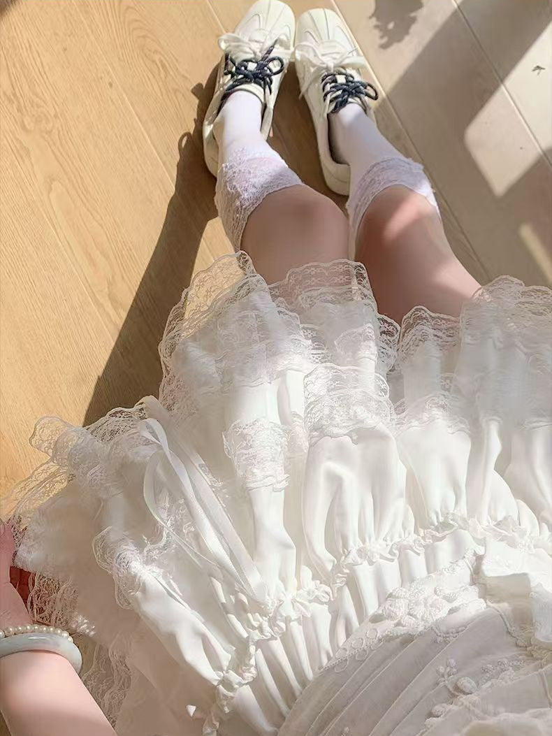 White Ballet Style Skirt For Women Spring And Summer New High-Waist Slim Lace Sweet Petite Fluffy Cake Skirt