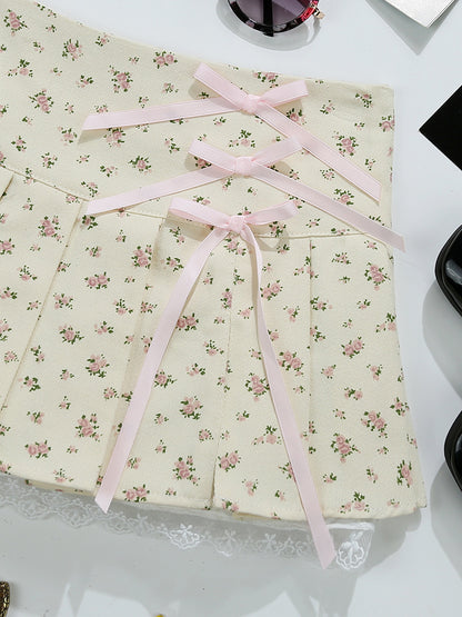 Pure Desire Style Little Man Floral Skirt Sweet Girl Lace-up Bow Short Skirt Anti-glare Pleated Overskirt 9372