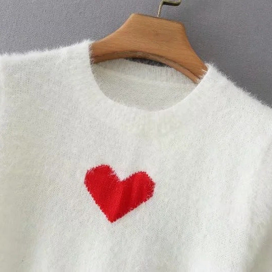 Sw103 New Autum Korean Style Slim Round Neck Heart Jacquard Plush Short-Sleeved Pullover Knitwear With Heart On The Chest