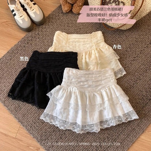 Ballet Style White Lace Cake Skirt Puffy Skirt Women's Summer A- Line Skirt Small Princess Short Skirt Women's