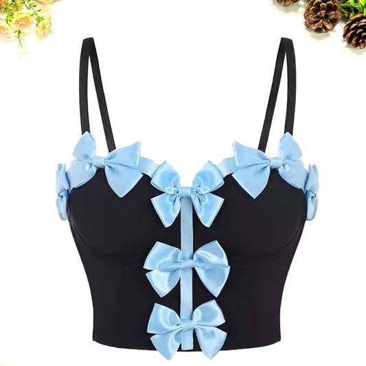 Light Blue Sweet Bow Decorative Cute Fresh Style Bra Inner Design Wearing Fish Bone Tube