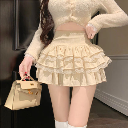 Pure Desire Lace Apricot Skirt Women's Autumn And Winter New High Waist Slim-fit Pengtu Skirt Anti-glare All-match Cake Skirt