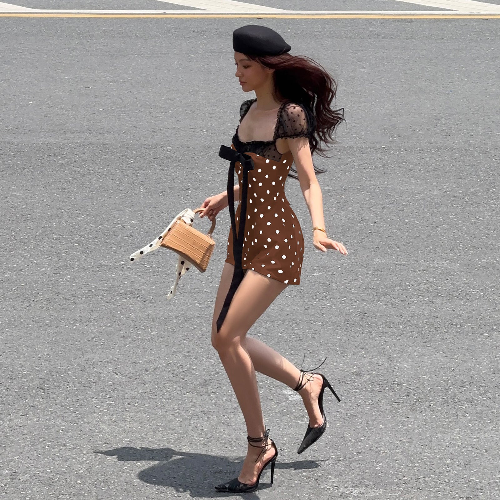Ins European And American Style 2025 Summer New Sexy Square Neck Bow Mesh Slim Slimming Look Polka Dot Dress For Women