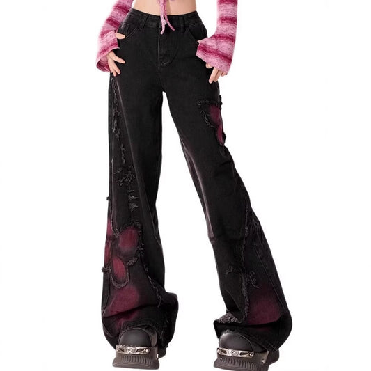 Black Sweet Cool Jeans Women's Spring And Autumn New Washed Old Woolen Wide Leg Pants Butterfly Pattern Design Sense Pants