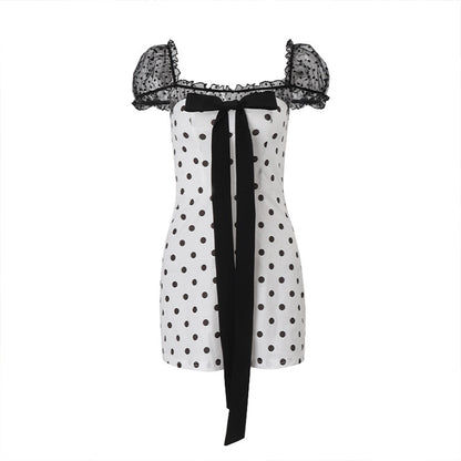 Ins European And American Style 2025 Summer New Sexy Square Neck Bow Mesh Slim Slimming Look Polka Dot Dress For Women