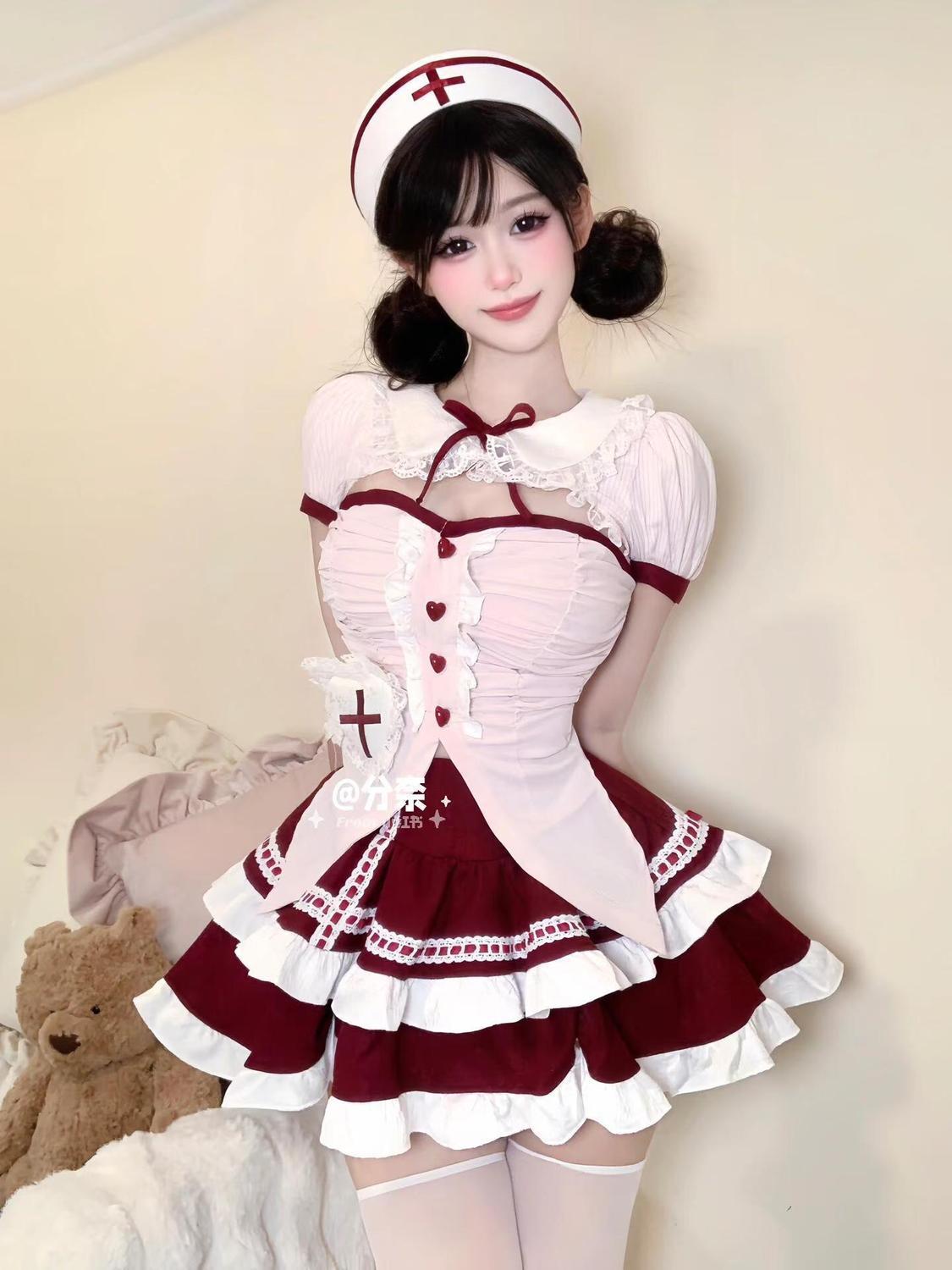 Sweet And Cute Girly Doll Style Ruffled Pleated Waist Top High Waist Slimming Look Cake Skirt Two-Piece Set