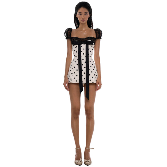 Ins European And American Style 2025 Summer New Sexy Square Neck Bow Mesh Slim Slimming Look Polka Dot Dress For Women