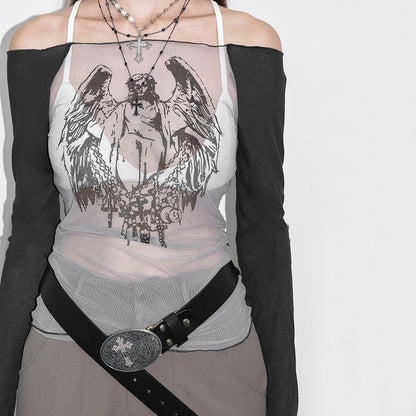 Y23TP642 European And American Cross-border Sexy Spice Girl Style Mesh Knitted Stitching Collar Printed Transparent Top Women's Clothing