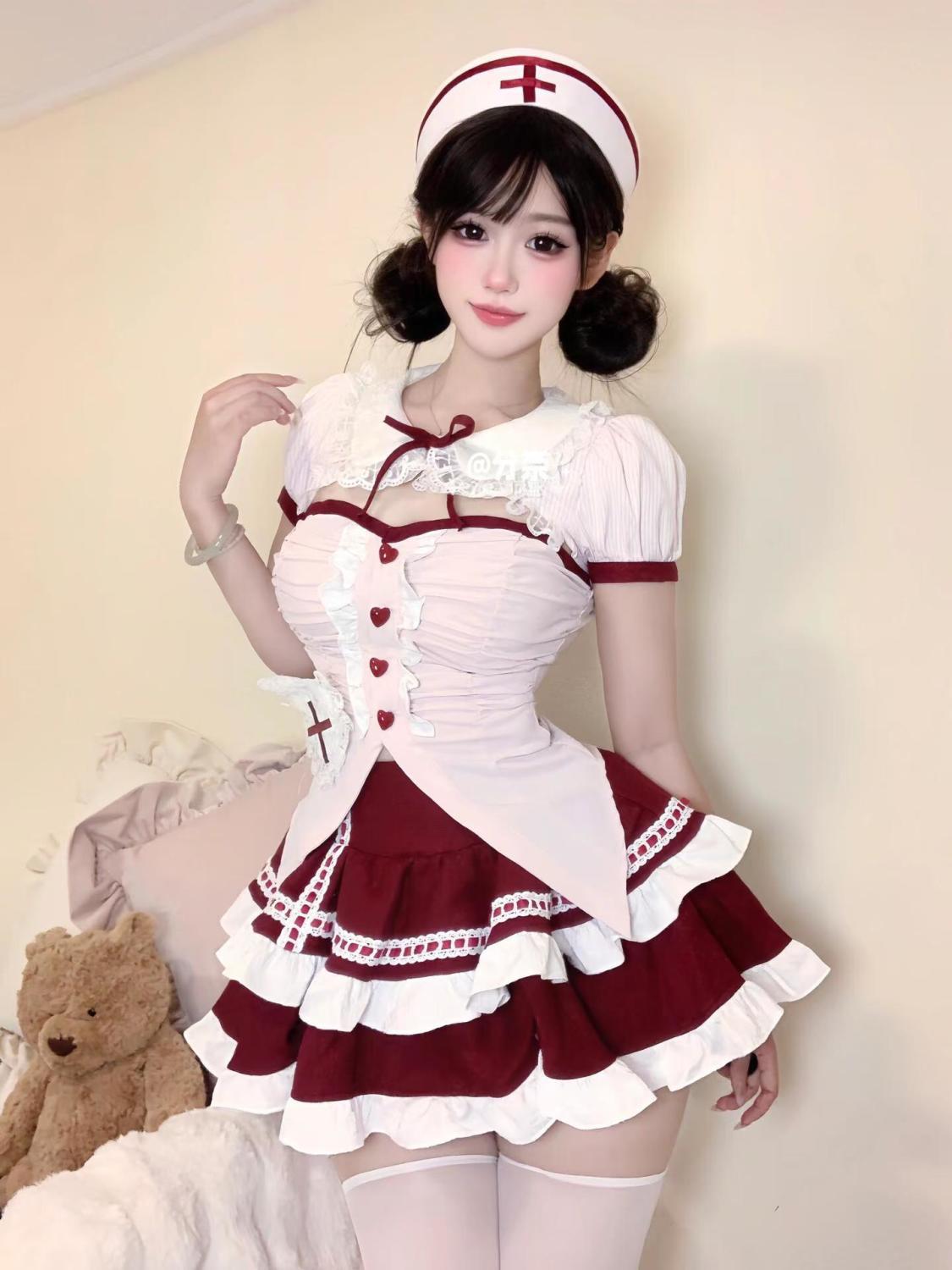 Sweet And Cute Girly Doll Style Ruffled Pleated Waist Top High Waist Slimming Look Cake Skirt Two-Piece Set