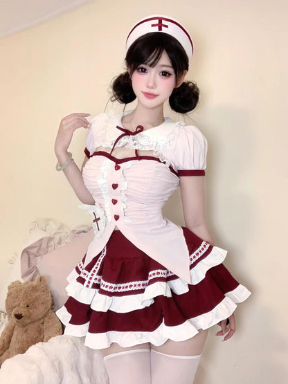Sweet And Cute Girly Doll Style Ruffled Pleated Waist Top High Waist Slimming Look Cake Skirt Two-Piece Set