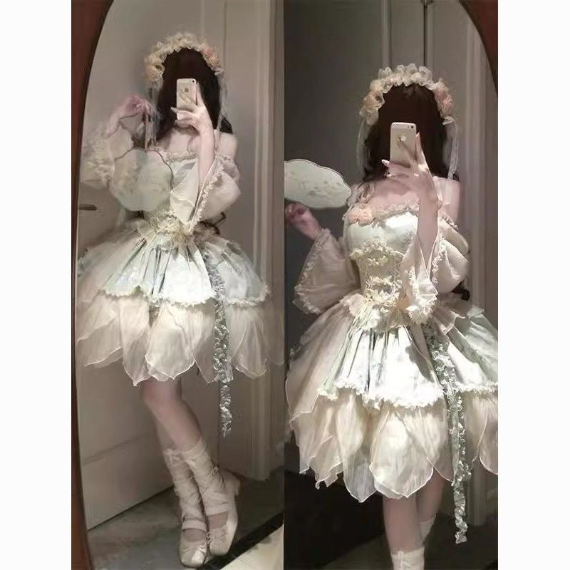 Green Bamboo Leaf Print New Chinese Ballet Style Elegant Fairy Lolita Skirt Lolita Princess Skirt Milky White
