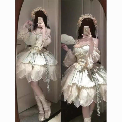 Green Bamboo Leaf Print New Chinese Ballet Style Elegant Fairy Lolita Skirt Lolita Princess Skirt Milky White
