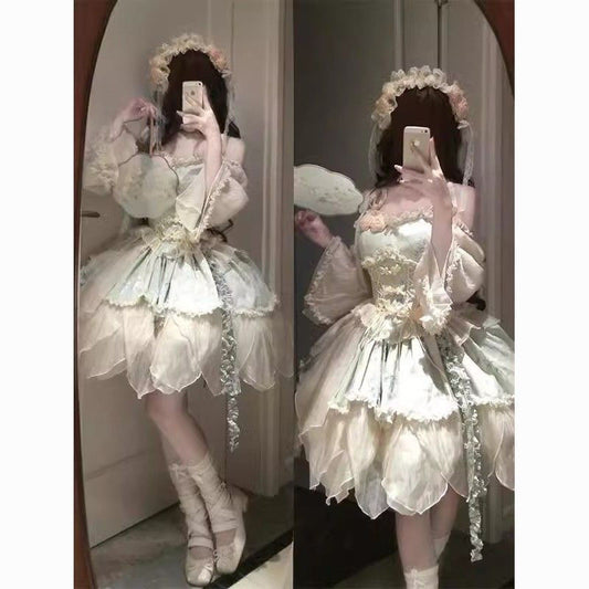 Green Bamboo Leaf Print New Chinese Ballet Style Elegant Fairy Lolita Skirt Lolita Princess Skirt Milky White