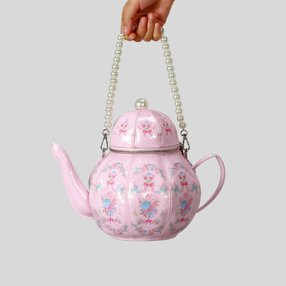 Sweet Girl Vintage Lolita Pearl Chain Printed Teapot Handbag Creative Shoulder Crossbody Bag Distinctive Handbag