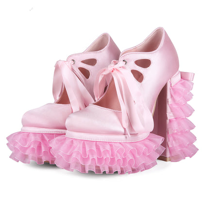 European And American Export Pink Pink Sweet Hottie Lolita Water Platform Lace Thick Heel Y2K Large Size 47 Women's High Heels