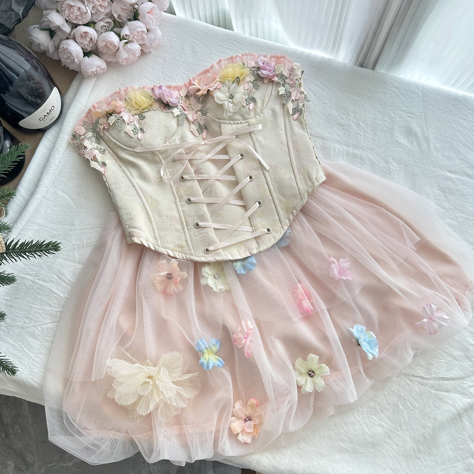 Temple Dream Flower House "Sweet Pure Desire Three-Dimensional Flower Puffy Skirt Off-Shoulder Fishbone Top Suit 2025 Summer
