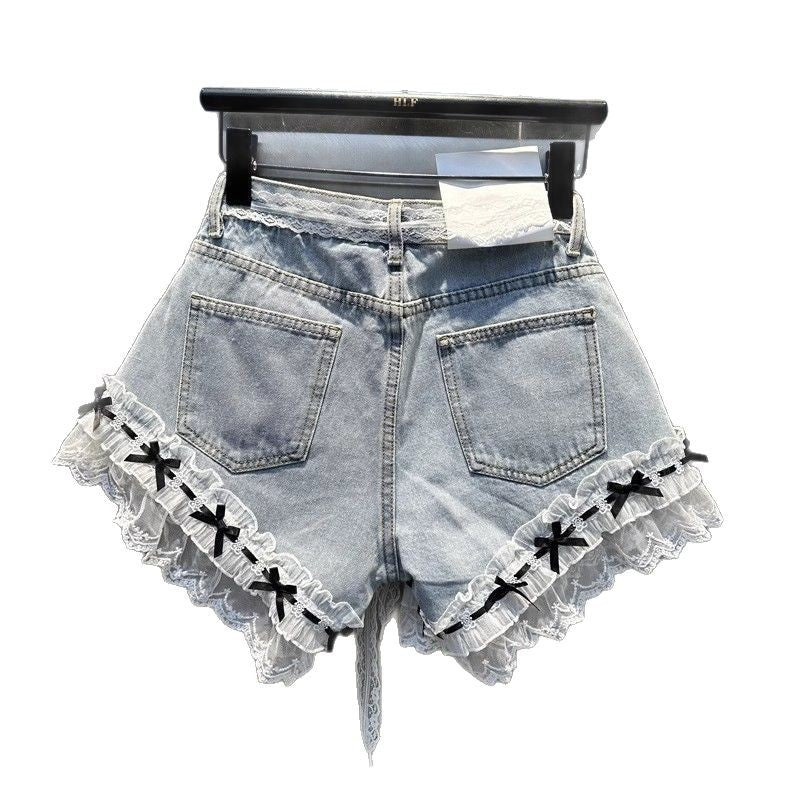 Spring And Summer 2025 New Lace Stitching Bow Decoration Denim Shorts Women's Slim-fit Slimming A- Shaped Wide-leg Hot Pants