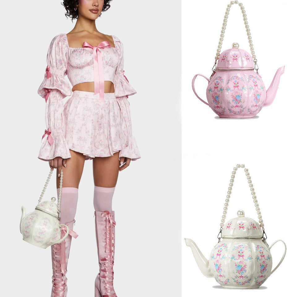 Sweet Girl Vintage Lolita Pearl Chain Printed Teapot Handbag Creative Shoulder Crossbody Bag Distinctive Handbag