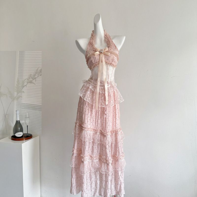 French Guava Style Sweet Sexy Pink Halterneck Suspender Dress For Women 2025 Spring And Summer New Slim Princess Dress