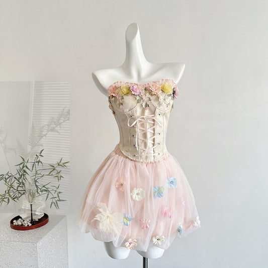 Temple Dream Flower House "Sweet Pure Desire Three-Dimensional Flower Puffy Skirt Off-Shoulder Fishbone Top Suit 2025 Summer