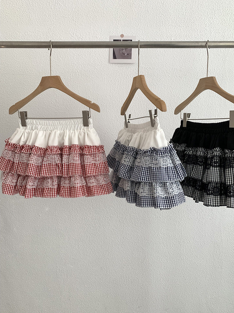 Omalai Plaid Cake Tutu Skirt High Waist Short Skirt Spliced With Lace Sweet And Cute Skirt 2376