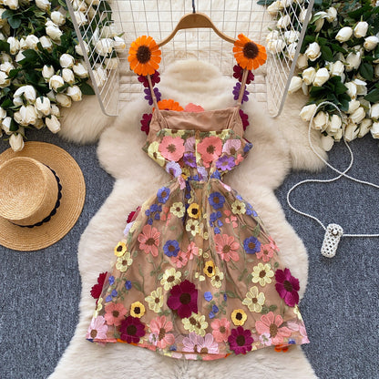 Foreign Trade Niche French Design Stereo Flower Mesh Embroider Waist Slim Suspender A-Line Dress Short Skirt