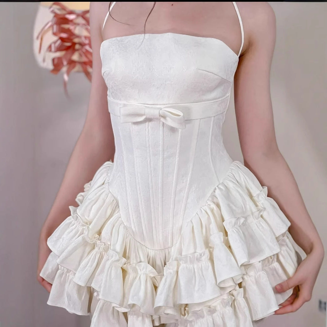 Vietnam Niche 25ss New Bow Puffy Fish Bone Ultra Short Cartoon Girls Lace-up Dress With Pumpkin Shorts