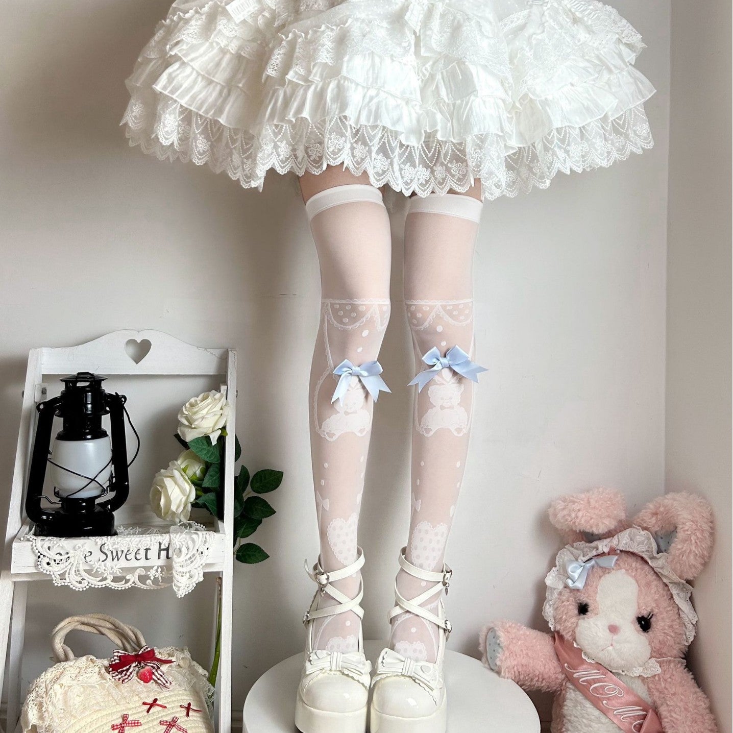 Sweet Thin Stockings Lolita Bow Print Socks Lolita Stockings High Knee Socks