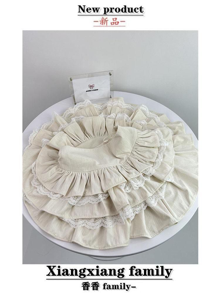 Apricot Cake Skirt High Waist A- Line Skirt Lace Stitching Short Puffed Cake Skirt