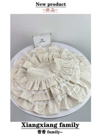 Apricot Cake Skirt High Waist A- Line Skirt Lace Stitching Short Puffed Cake Skirt