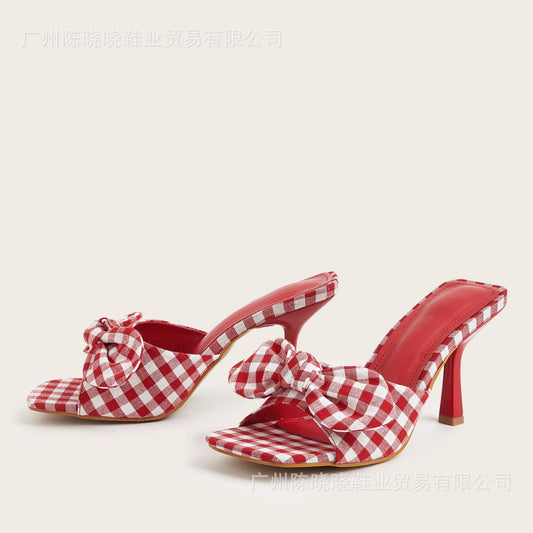 Red Plaid Spring And Summer Square Toe Big Bow Stiletto Heels