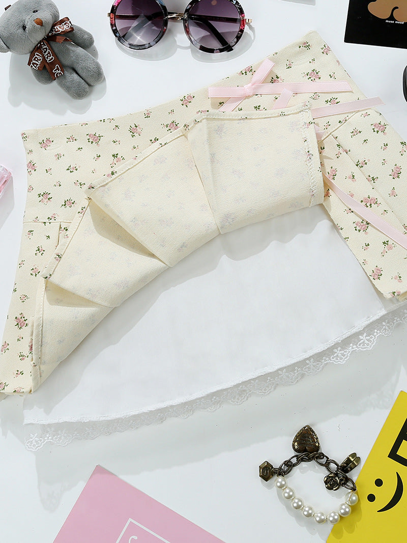 Pure Desire Style Little Man Floral Skirt Sweet Girl Lace-up Bow Short Skirt Anti-glare Pleated Overskirt 9372